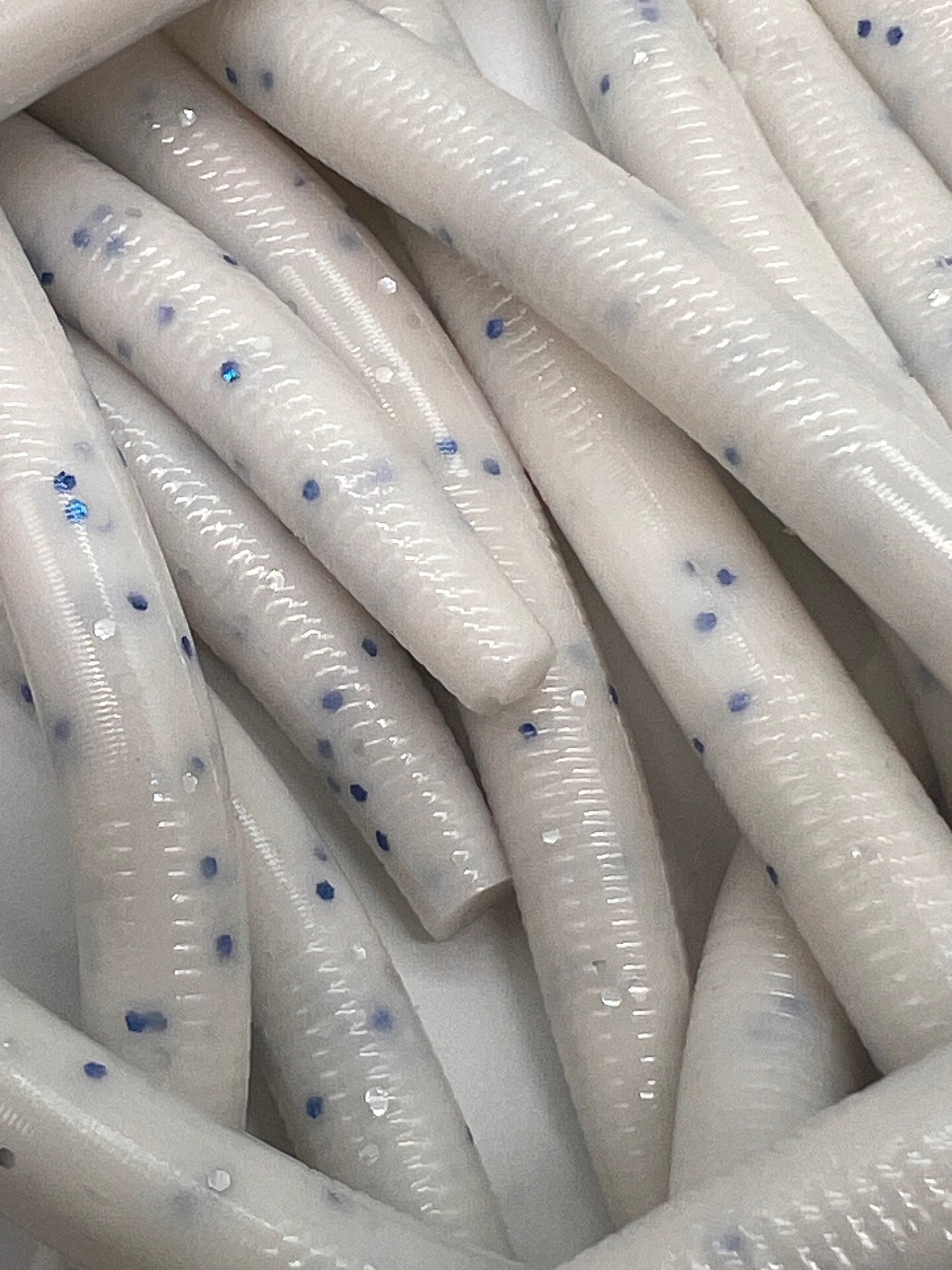 5 inch Electric White with silver and blue flake  worm qty 8 per pack